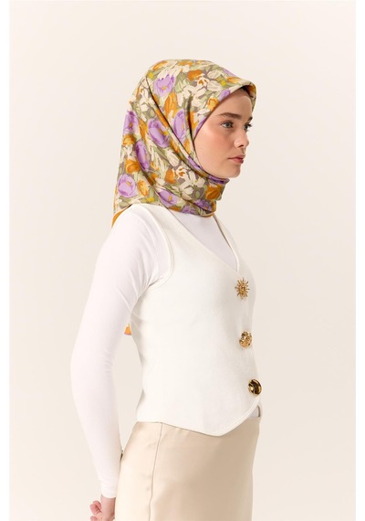 Silk Home Organik Pamuk İpek Eşarp Koyu Vizon Mor Çiçek Desenli Tok Duruşlu 90x90 Çok Renkli