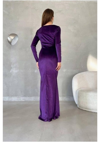 DefyModa Kadın Zarif Detay Kare Yaka Balık Kesim Uzun Kollu Abiye Elbise Mor