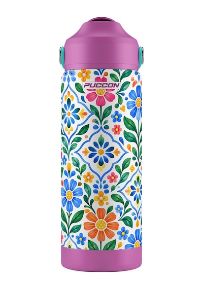 Puccon 540 Ml Çiçek Desenli Yeşil - Mor Kız Çocuk Pipetli Çelik Termos Matara/suluk - 60065