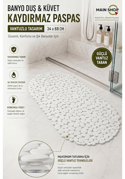 Mainshop Vantuzlu Banyo Duş Ve Küvet Kaydırmaz Paspas - 34 X 68 Cm - Beyaz M-130