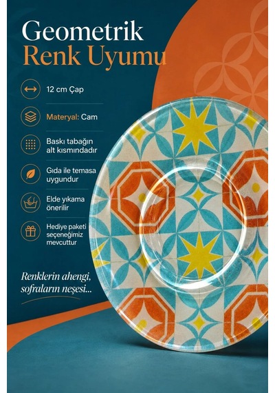 6 Lı Cam Çay Tabağı Geometrik Turkuaz Turuncu Desenli 12 Cm 6 Adet Çay Tabak