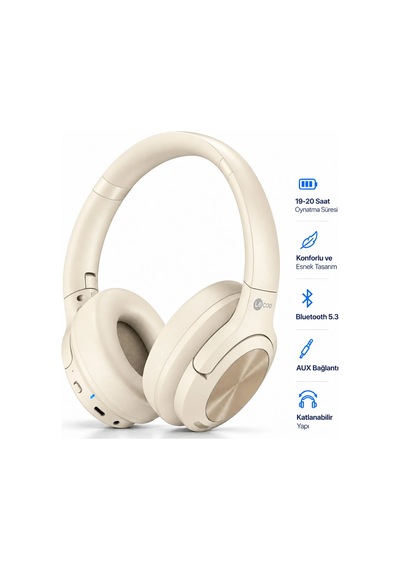 Exenar - Bej - Lecoo Es208 Kablosuz Kulak Üstü Kulaklık Bluetooth 5.3 Katlanabilir Mikrofonlu 20 Saat Şarjlı Hafif