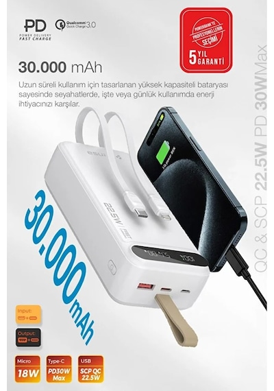 Hızlı Şarj Powerbank 30.000 Mah Taşınabilir Güç, Usb-c & Çift Çıkışlı Beyaz