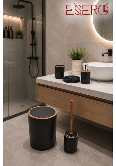 351 Siyah Lüks 5'li Banyo Seti Siyah Ahşap Desenli Çöp Kovası Wc Fırçası Sabunluk Diş Fırçalık Sıvı Sabunluk Modern Banyo Aksesuar Takımı