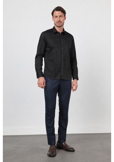 İmza Sert Yaka Uzun Kol Cepsiz Saten Slim Fit %100 Pamuk Gömlek 1004260424 Siyah