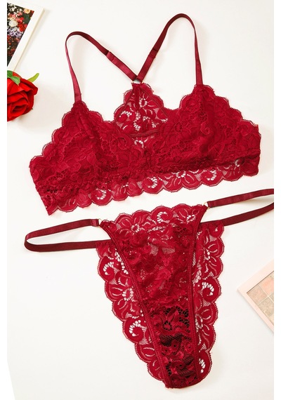 Ang Butik Kadın Bordo Sırtı Dantel Ve İp Detaylı Şık Sütyen Külot Takımı