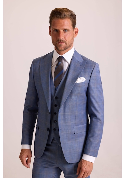 Erkek Mavi Slim Fit Sivri Yaka Yelekli Yün Takım Elbise