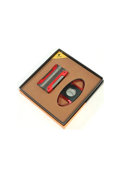 Cohiba Tek Torch Kırmızı Gunmetal Çakmak Kırmızı Siyah Kesici İkili Puro Seti Tr9836