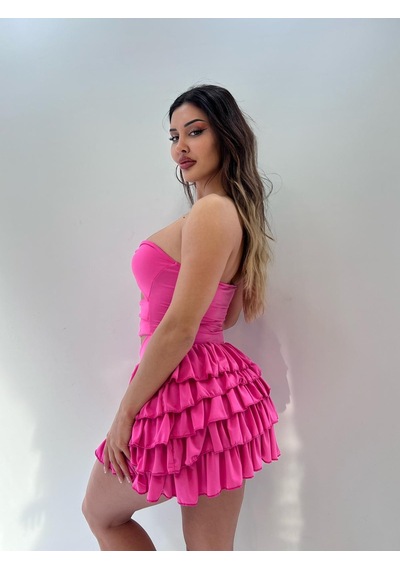Pink Life Pembe Eteği Kat Kat Fırfırlı Sandy Mini Elbise Pembe