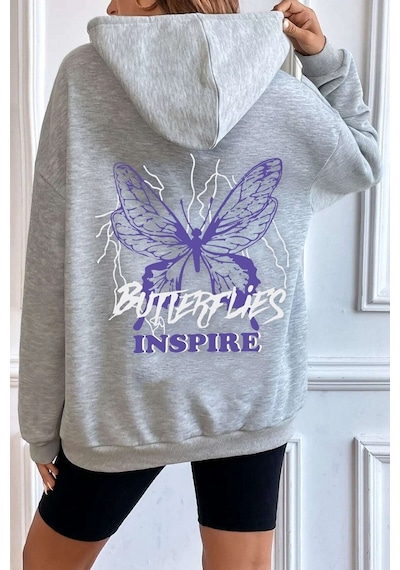 Uyguntarz Unisex Butterfly & Letter Graphic Baskılı Sweatshirt Gri
