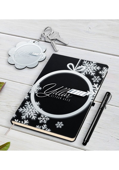 Kişiye Özel Yılbaşı Mutlu Yıllar Siyah Defter Kalem ve Anahtarlık N11.1206 Siyah