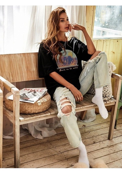 Kadın Siyah Oversize Mountain Slogan Baskılı T-shirt Siyah