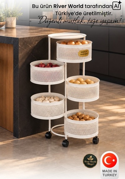 River World Tekerlekli Rengi Beyaz Açılabilen 5 Katlı Çok Amaçlı Metal Raf Mutfak, Balkon, Kiler Çok Renkli