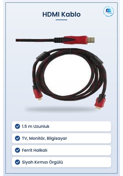 Hdmı Kablo 1.5 M Görüntü Ve Ses Kablosu Siyah Kırmızı Uçlu Tv Mon