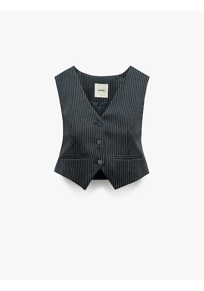 Koton Slim Fit V Yaka Kolsuz Düğmeli Takım Yeleği Lacivert Çizgili 5sak20015ew Lacivert Çizgili Lacivert