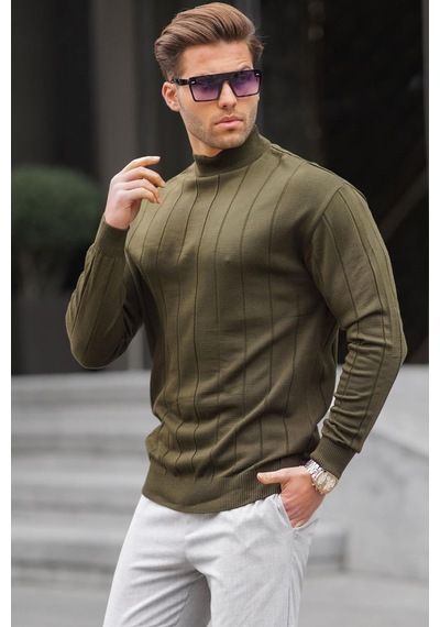 Madmext Haki Slim Fit Yarım Balıkçı Yaka Çizgili Tüylenmeyen Erkek Triko Kazak 6344