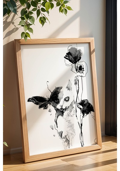 Modern Sanatsal Kedi Ve Kelebek Çerçeveli Tablo - Minimalist Monochrome Duvar Dekoru Kayın