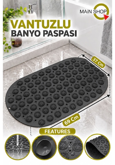 Kaydırmaz Duşakabin Banyo Ve Duş Paspası Masajlı Vantuzla Yapışır 37 X 69 Cm M-142 Siyah