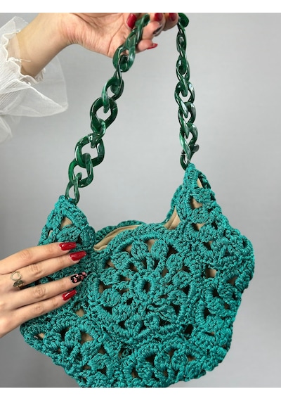 El Örgüsü Çiçekli Kadın El Çantası 30x27 Cm Yeşil