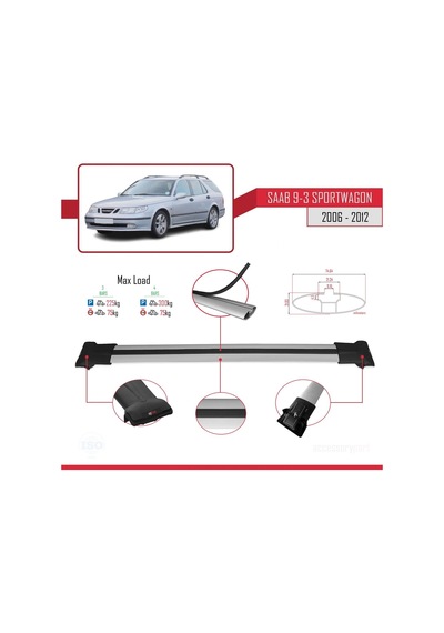Saab 9-3 Sportwagon 2006-2012 Arası İle Uyumlu Fly Model Ara Atkı Tavan Barı Gri 3 Adet Bar