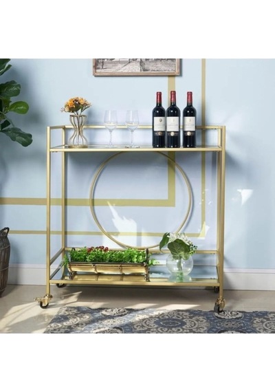 Daire Metal Gold Camlı Servis Ve Sunum Arabası Gold