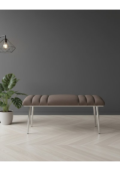 Özcan Metal Krom Metal Ayaklı Metal Kasalı Bench Mutfak Salon Antre Yatak Odası Balkon Puf Bank Kahverengi