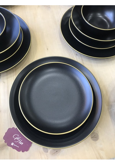 Keramika Mat Siyah El Dekor Altın 24 Parça 6 Kişilik Yemek Takımı