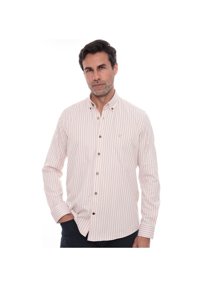 Slim Fit Uzun Kol Likralı Çizgili Yaka Düğmeli Hediye Kutulu Erkek Gömlek Fs-003669 - Bej-2436
