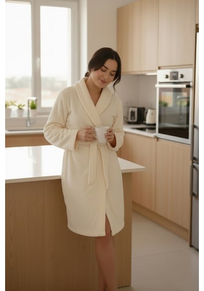 Mislina Home Lumor Şal Yaka Wellsoft Peluş Yumuşak Sabahlık Krem Krem