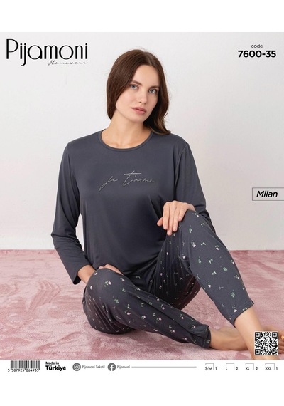 Pijamoni Kadın Milan Bisiklet Yaka Uzun Kol İnce Pijama Takımı 7600/35 - 1 Adet Füme
