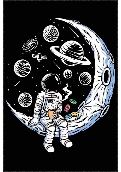 Siyah Kaymaz Taban Uzay Tema Astronotlu Çocuk Halısı Ar1162n11
