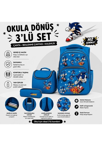 Sonıc Desenli Açık Mavi Üçlü Erkek Çocuk İlkokul Çantası + Termal Beslenme Çantası + Kalemlik