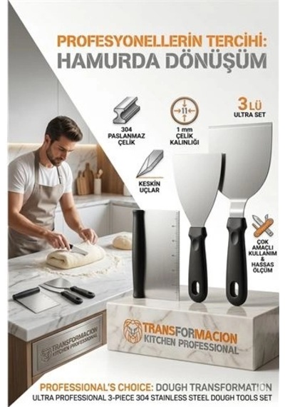 304 Inox Paslanmaz Çelik 3 Lü Hamur Kesici Ve Spatula Seti - Ultra Profesyonel Seri 723143 0