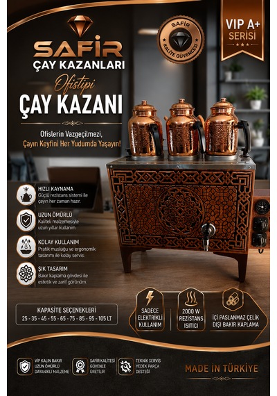 Safir 3 Gözlü Ofistipi Bakır Çay Kazanı Sadece Elektrikli Bakır Çay Kazanı Ocağı Güneş Model Ofistipi Çay Kazanı Makinesi