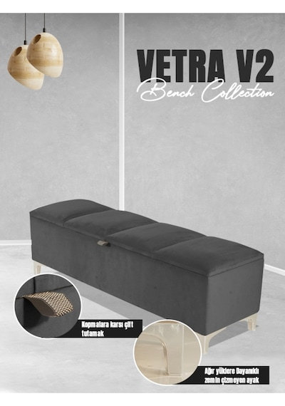 Vetra V2 Sandıklı Puf  Gri Dilimli Model Sandıklı Bench Puf - Sandıklı Yatak Ucu Bankı