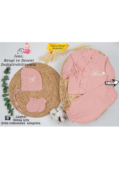 Gros Shop Yeni Doğan Müslin 4'lü Kimono Bağcıklı Tulum %100 Pamuk Organik Kişiye Özgü İsimli Nakış Desenli Pembe-1