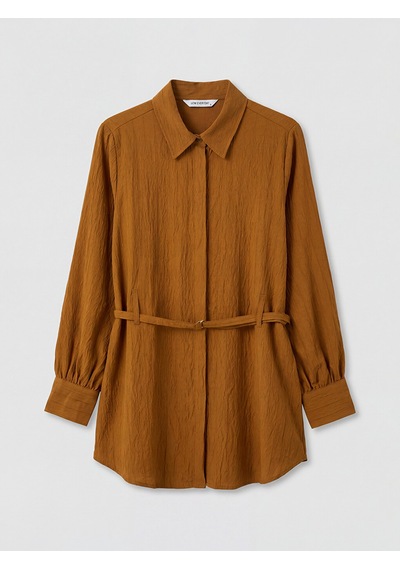Lcw Everyday Sarı Kemerli Oversize Armürlü Kadın Gömlek Tunik