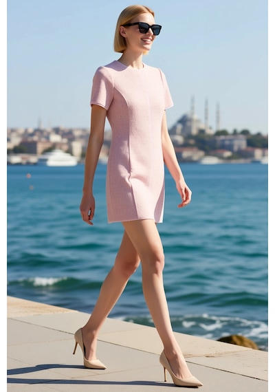 Benerly Kadın Kısa Kollu A-line Mini Tüvit Elbise Bisiklet Yaka Parıltılı Pembe
