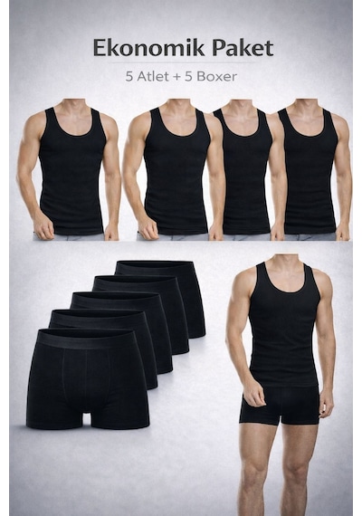 Qulat Erkek Atlet Boxer Seti 10 Lu Ekonomik Paket 5 Atlet + 5 Boxer Pamuklu İç Giyim Siyah