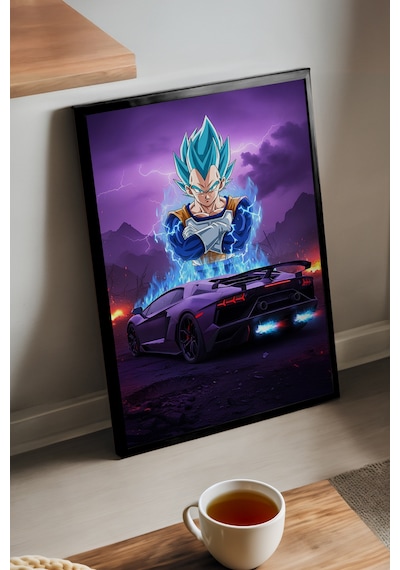 Vegeta Lamborghini Aventador Siyah Ahşap Çerçeveli Poster, Dekoratif Anime Araba Duvar Tablosu
