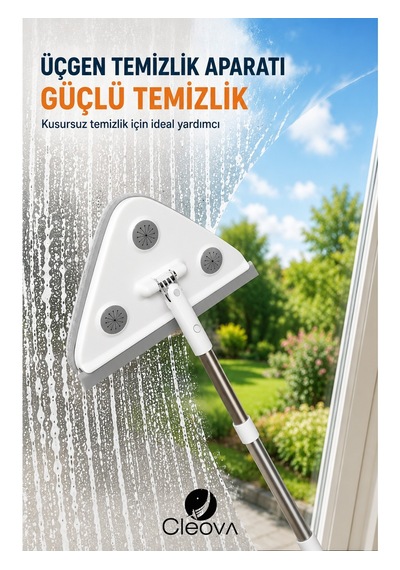 Cleova Üçgen Başlıklı Çekpas Özellikli Cam Temizleme Mop Beyaz - Gri
