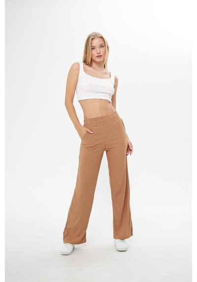 Thiff Gymwear Siyah Beli Lastikli Bol Paça Çift Cepli Yüksek Bel Bürümcük Örme Kadın Pantolon Camel