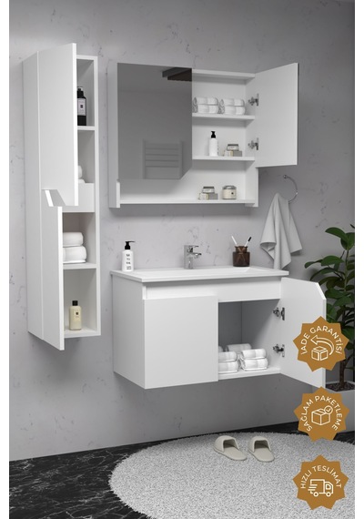 Teta Home Napoli 80 Cm Mdf Banyo Dolabı Seti + Boy Dolabı Beyaz Beyaz