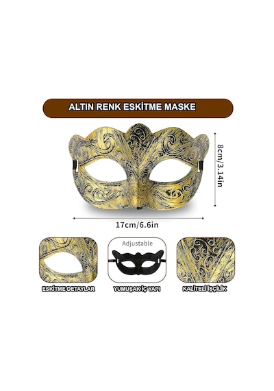 Altın Renk Eskitme Maskeli Balo Maskesi Venedik Tarzı Parti Maskesi