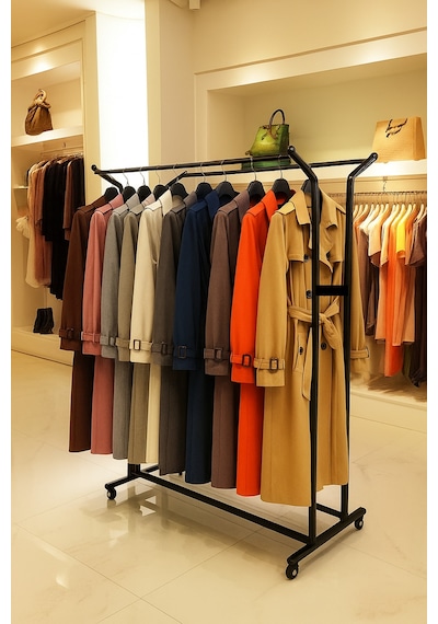 Premium 170 Cm Çelik Konfeksiyon 105 Cm En Elbise Askılık Tekerlekli Demonte Portmanto Hanger Siyah