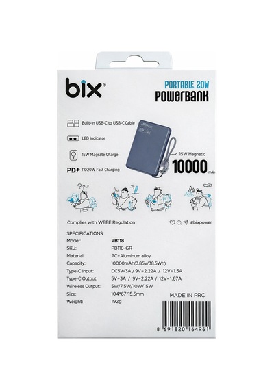 Bix Pb118 10000 Mah 20w Hızlı Şarj Dahili Kablolu Powerbank Gri Açık Gri