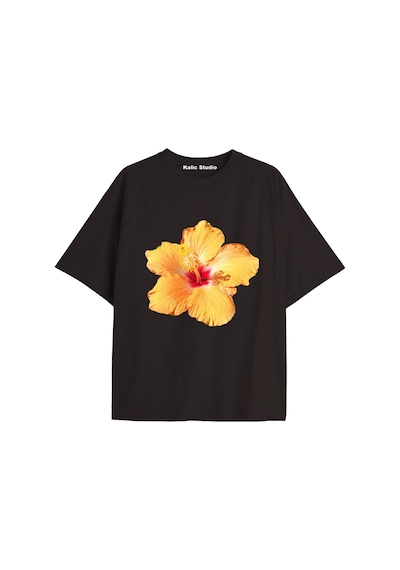 Kalic Studio Kadın Çiçek Özel Baskılı Renkli Oversize Penye Pamuklu Bisiklet Yaka T-shirt Siyah-3