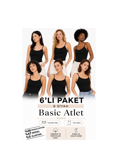 Loule Kadın 6'lı İnce Askılı Atlet Siyah Modal Pamuk