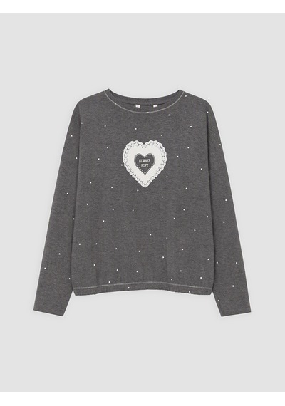 Lcw Dream Gri Bisiklet Yaka Kalp Baskılı Kadın Pijama Üst