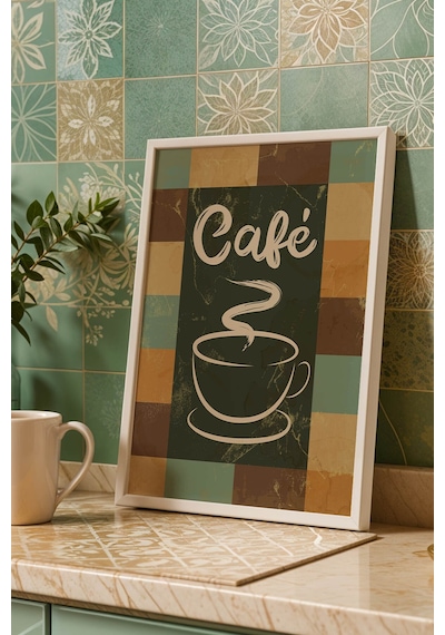 Retro Café Sanatsal Tasarım Çerçeveli Tablo - Vintage Kahve Köşesi Duvar Dekoru Beyaz